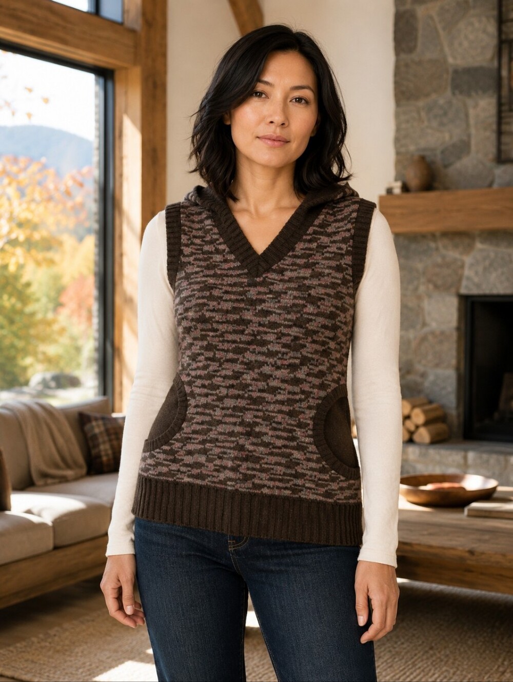 Eastern Mountain Sports Lambswool Hooded Sweater Vest Fair Isle Brown M